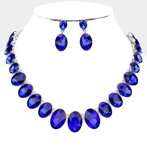 Oval Blue Crystal Link Evening Silver Necklace Set